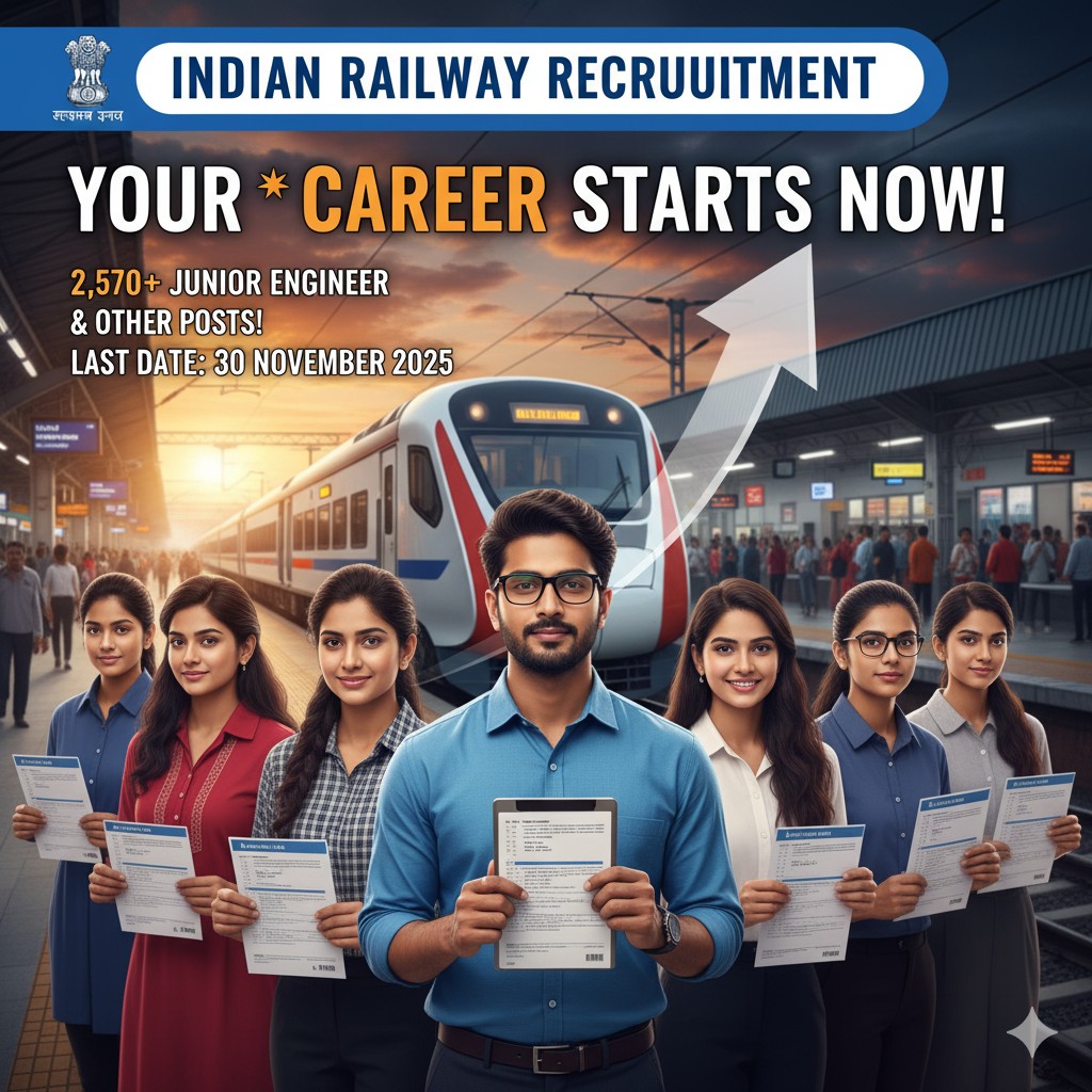 रेल्वेत तब्बल २,५७० ‘सरकारी नोकरी’ची बंपर संधी! ‘ज्युनिअर इंजिनिअर’ भरती सुरू, ₹३५,४०० पगार! ‘ऑनलाइन अर्ज’ आणि ‘अंतिम तारीख’ची संपूर्ण माहिती.